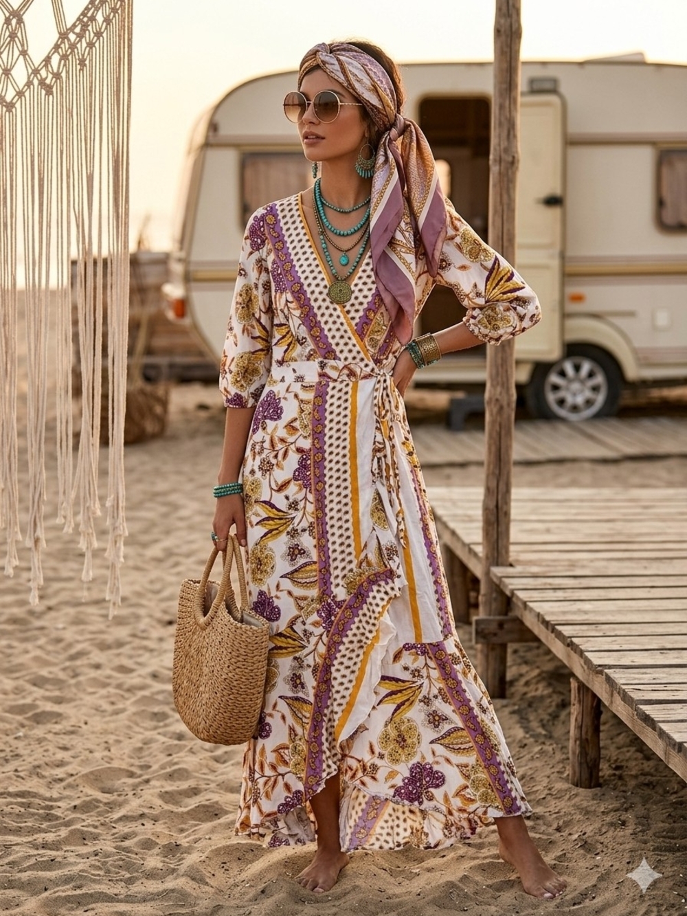 DX Collection White Maxi Wrap Dress with Purple & Gold Floral Print